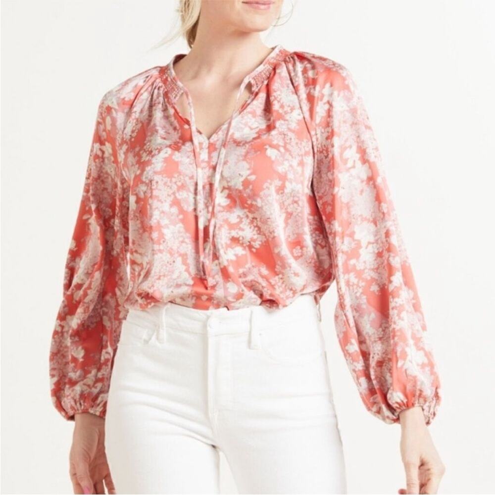 Evereve Keira Floral Print Smocked Neck Long Puff Sleeves Blouse Top Size Small